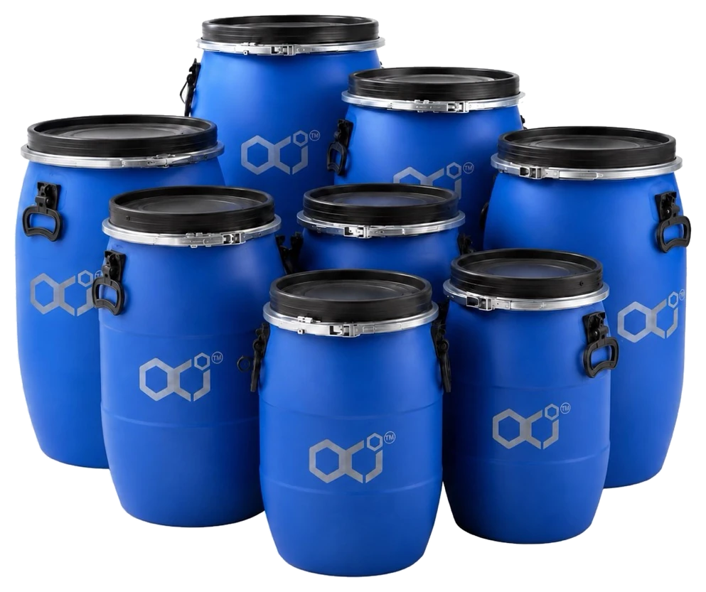 Grouped blue OCI industrial chemical drums